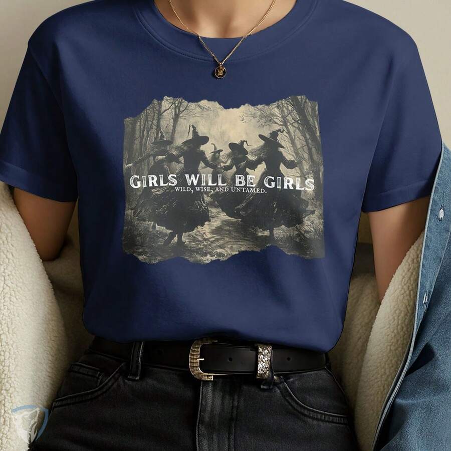 Girls Will Be Girls Printed Women's T-Shirt | Witches In The Forest Art - 藏蓝色 - 查看 1