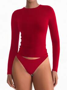 XLLAIS 春秋冬新款弹力修身休闲夜店长袖火红T恤女款，新年款 - 紅色 - 查看 6