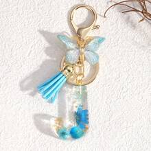 Fashionable Butterfly Tassel Flower Initial Keychain For Girl And Ladies, Blue Cute Dry Flower Dandelion Letter Key Chain, Backpack/Handbag Decoration Gift Bag Accessories Lanyards With Id Holder Car Accessories Bag Charms Christmas Car Accessories Teacher Friend Sister Gift Ideas
