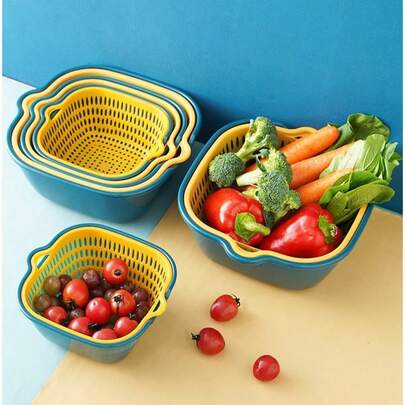 6-8pcs/Set Double Layer Thick Washing Basin Drain Basket, Multi-Function Fruit Plate, Living Room Home Kitchen New Fruit Washing Basket