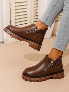 Botas Chelsea com Zíper Oblíquo para Mulheres, Bico Redondo, Salto Grosso, Botas de Tornozelo em Couro PU Marrom, Slip-On, Botas Curtas de Estilo Americano da Moda, Adequadas para Primavera e Outono