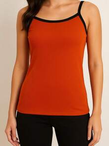Basic Casual Polyester Sports And Fitness Ribbed Thin Strap Tank Top - 橙色和黑色 - 查看 2