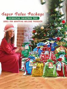 88个圣诞礼品袋，各种尺寸，适合节日礼物，圣诞礼品袋，小号、中号、大号、特大号，用于礼品包装，圣诞礼品袋配有标签和丝带，圣诞派对用品（38个礼品袋+50个标签+3卷红、绿、白丝带） - 彩色 - 查看 3