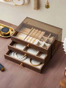三层首饰盒，木质首饰收纳盒，亚克力首饰整理盒，复古风格首饰盒，抽屉式首饰盒，化妆品收纳盒，首饰展示整理盒，可展示戒指、耳环、项链、手镯，母亲节礼物，伴娘礼物，生日礼物，送给朋友和老师的礼物，女士理想礼物