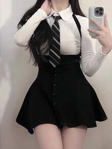 1pc Sweet Academic Style High Waist Single-Breasted Suspender Skirt + Short Sleeve Top Set, Cosplay Outfit, Couple Interaction, Photo Studio Shooting, Suitable For All Holidays, Valentine's Day Gift, Everyday & Holiday Wear Halloween