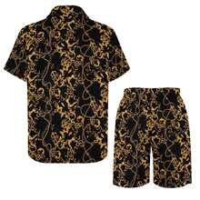 Mens Hawaiian Shirts And Shorts Set 2 Pieces Tropical Outfit Flower Print Button Down Beach Suit With Bucket Hats Mens Shirts Graphic - Hoa văn trang trí màu đen và vàng - Xem 5