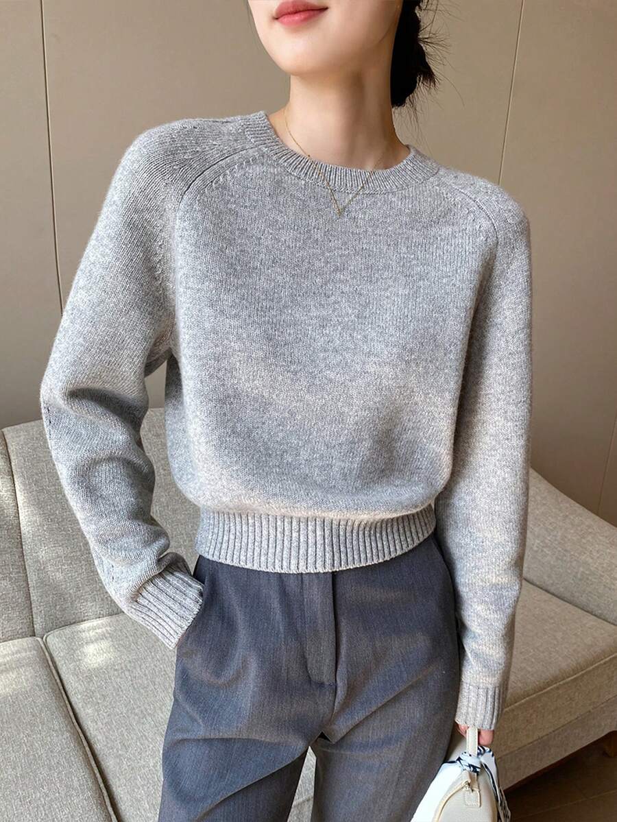 Women's Minimalist Round Neck Sweater, Autumn/Winter - Grey - View 1