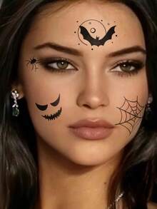 1 Piece Of Halloween Funny Witch Ghost Pumpkin Bat Spider Web Halloween Night Decoration Temporary Tattoo Sticker Suitable For Cosplay Halloween Cartoon Decoration Party Tattoo Waterproof And Sweatproof Suitable For People