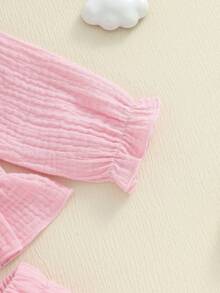 Baby Girl Fall Outfits Button Down Bows Ruffled Trim Doll Collar Long Sleeve Tops And Solid Pants 2 Pcs Set - 粉色 - 查看 3