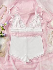2pcs Women Sexy Lace Trim High Waist Spaghetti Strap Tie Knit Pajamas Lingerie Set Outfits - 白色 - 查看 7