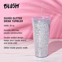 Glam Silver Vaso de doble pared con purpurina de 24 onzas por Blush |   Reutilizable, a prueba de fugas, viajes, plástico transparente, delgado, de café helado con sello de silicona, tapa atornillada y pajita - Plateado - Ver 7
