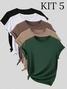 Kit 5 Women's T-Shirts Casual Cotton Basic T-Shirt Elegant Style Fashion Spring 2025  New - 套件 5 - 查看 8