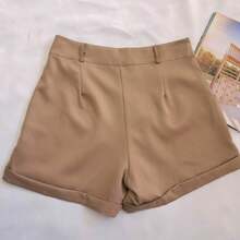 Women's Tailored Shorts With Buttons - Camel - View 4