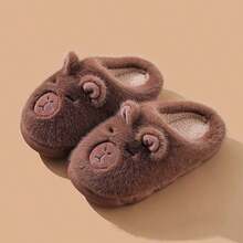 Pantufas de pelúcia macias, quentinhas e antiderrapantes, modelo 2025, com estampa fofa de capivara e bico fechado, essenciais para o inverno. - Castanho escuro - Ver 2