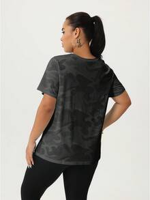 Camiseta de manga corta de verano en color negro con estampado jacquard para mujer talla grande, de estilo casual, yoga, running y deportes al aire libre - Negro - Ver 3