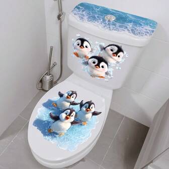 Tecknad pingvin i havsstil, självhäftande rolig badrumsdekoration, söt vattentät djurdekoration väggklistermärken väggklistermärken heminredning