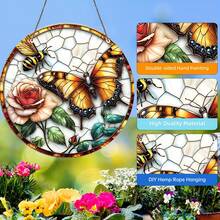 1PC Butterfly Sunglasses Landscape, Stained Glass Style Decorative Pendant, Vibrant And Colorful Design With Blue Butterfly And Bee, Perfect For Home & Garden Decoration, Ideal Gift For Friends & Family, Season Decoration | Unique Design, Butterfly Decoration - Acrylic-round - View 9
