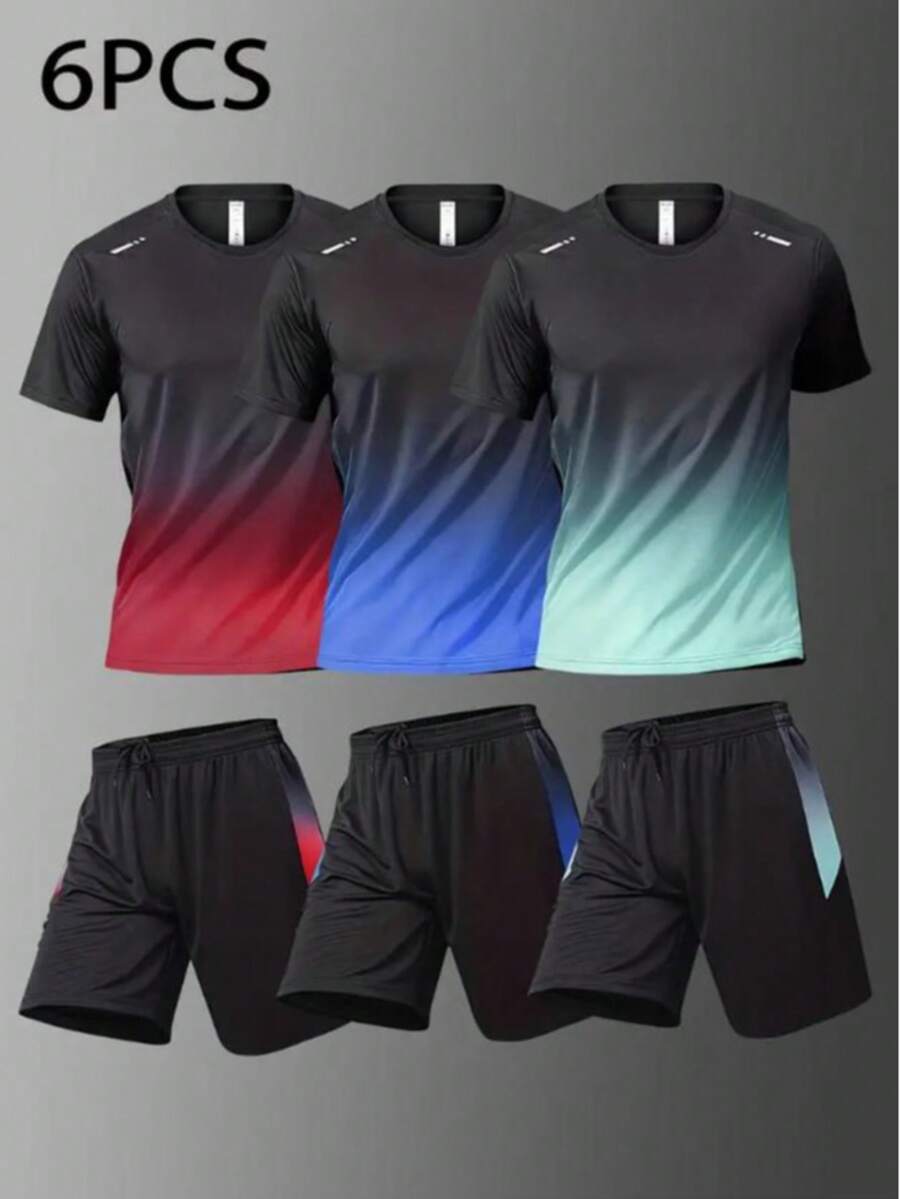 6pcs/Set Men Sports Outfit, Breathable Short Sleeve T-Shirt, Basketball Sportswear Set, Suitable For Running, Cycling, Fitness