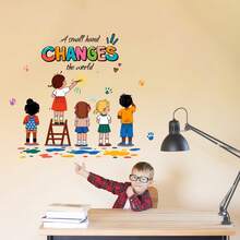 1pc Rainbow Children Reading Together Wall Sticker "We Rise By Lifting Others" Baby Room Bedroom Kindergarten Decor Self-Adhesive Wall Paper - Multicolor - View 14