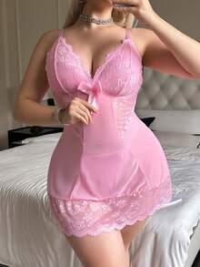 1pc Plus Size Sexy Deep V Lace Mesh Nightgown + 1pc Panty Set