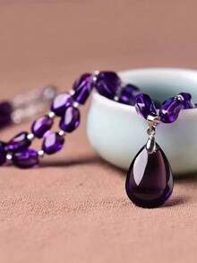 1 pieza Collar con colgante de lágrima de amatista clásico, cadena de clavícula, regalo de cumpleaños/festividad, pequeño regalo para transmisión en vivo en línea - Multicolor - Ver 6