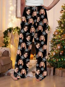 Customized Women's Christmas Pajama Pants With Snowflake Print, Holiday Home Wear Long Pants, Christmas Gift