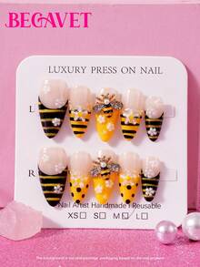 BEGAVET 10pcs Handmade Salon Quality Nail Art Press On Nails Long Almond Yellow Bee French Tips Exclusive Design 3D Nails With 3D Charms, Suitable For Parties/Music Festival And Daily Wear