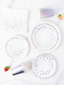 White & Silver Polka Dot Petal Shaped Disposable Plates, Napkins, Cups Set, Black Plates, Napkins And Cups Party Supplies, Fits 10 Guests, Disposable Paper Plates Party Tableware Suitable For Birthday, Wedding, Party, Family Picnic