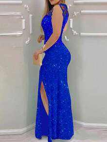 无袖蕾丝拼接性感纯色高开衩优雅荷叶边亮片长款派对连衣裙，女士情人节夏季礼物 - 藍色 - 查看 3