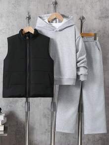 3 件套青少年男孩休闲时尚无袖背心、长袖连帽运动衫和直筒修身裤，秋冬 - 灰色 - 查看 1