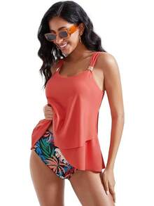 High Waisted Ruffle Tankini Swimsuit Plus Size Tummy Control - Orange - View 4