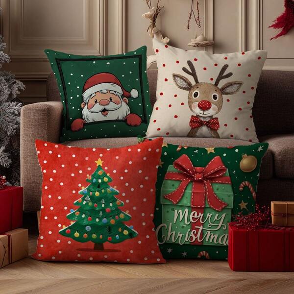 4pcs Christmas Cartoon Santa Claus, Reindeer, Snowman & Gift Box Cushion Cover Set, Single-Sided Printed Plush Fabric, 45*45/50*50/40*40CM Pillow Case Suitable For Room Decor, Modern Minimalist Sofa Living Room Decor, Gift, Party Decoration