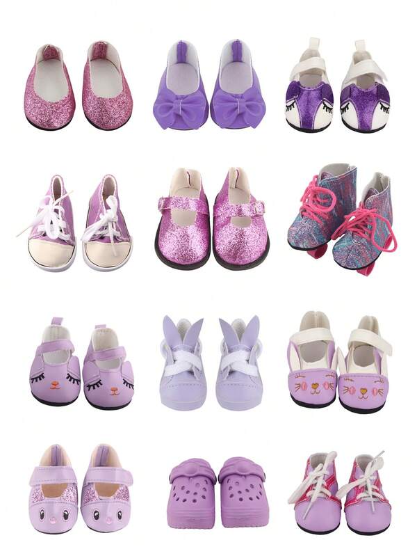 1 Pair 18 Inch Reborn Baby Doll Shoes, Purple Canvas Shoes/Rabbit Shoes/Patent Leather Shoes/Slippers/Flats/Flower Shoes/Roller Skates, Fashionable & Cute Summer/Autumn Doll Shoes, Children's Toy Doll Accessories, Holiday Party, Birthday Gift