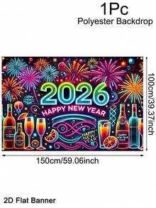 1 件 2026 新年快乐横幅背景，150x100 厘米彩色烟花荧光香槟图案，涤纶面料新年标志海报横幅，新年照片展台背景派对装饰，新年派对用品，2026 年新年快乐装饰 - 彩色 - 查看 8