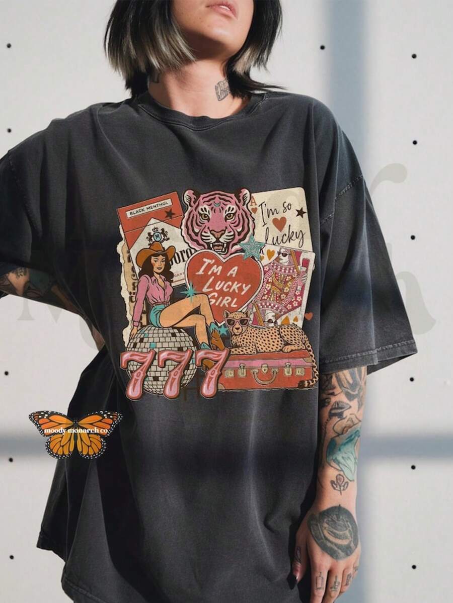 Lucky Western Collage T-Shirt, I'm A Lucky Girl Graphic Tee, Vintage Cowgirl Shirt, Rodeo Clothing, - 黑色 - 查看 1