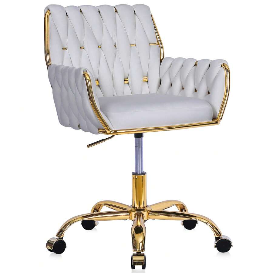 Velvet Modern Home Office Vanity Chair, 360° Swivel Adjustable Height Makeup Desk Chair With Golden Base And Hand Woven Backrest For Bedroom/Study/Vanity - trắng - Xem 1