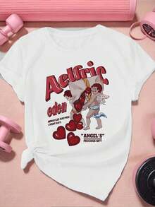 Camiseta con gráfico de corazón de San Valentín ,Camiseta informal de algodón de verano para mujer, manga corta, cuello redondo, 220 g/m2 (1 pieza) - Blanco - Ver 2