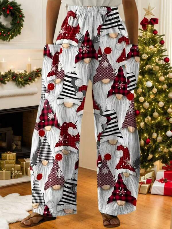 Plus Size Women Cartoon Print Christmas Pocket Wide Leg Pants, Autumn/Winter