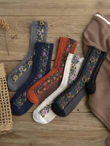 5 Pairs Women's Vintage Floral Knitted Socks - Bohemian Style Crew Socks For Autumn Winter, Warm Comfortable Boot Socks With  Design, Perfect Match For Boots & Dresses, Ideal Festival Gift