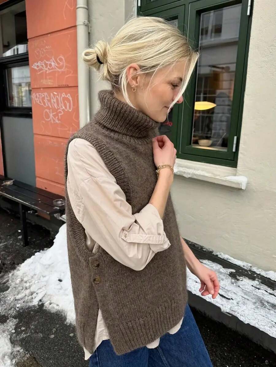 女士优雅纽扣高领毛衣背心，秋冬季