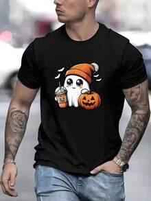 Men'S Halloween Graphic T-Shirt - Cute Pumpkin Cup & Jack-O'-Lantern Design - Lightweight Breathable Tee For Halloween Parties, Casual Attire - Machine Washable Regular Fit Shirt - Year-Round Costume Party Outfit, Halloween Clothes, Festive Attire, Playful Print, Comfortable Fit, Short Sleeve Top, Holiday Shoppers, Summer Fashion, Fun Print, Durable Material, Round Neck Top, Adult Clothing,Nightmare Before Christmas,Christmas,Halloween Costumes,Funny T Shirts,Summer Outfits,Thanksgiving Day,Men Graphic Tees,Streetwear Men - 黑色 - 查看 1
