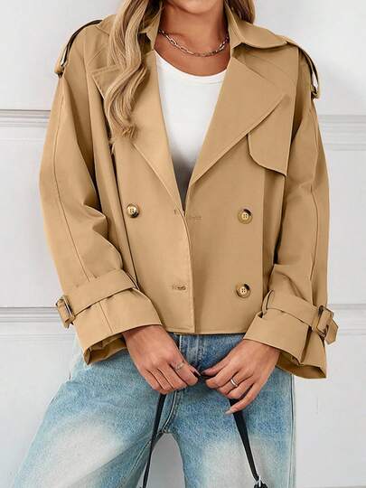 Womens Oversized Cropped Trench Coat Double Breasted Lapel Long Sleeve Short Jacket Outwear