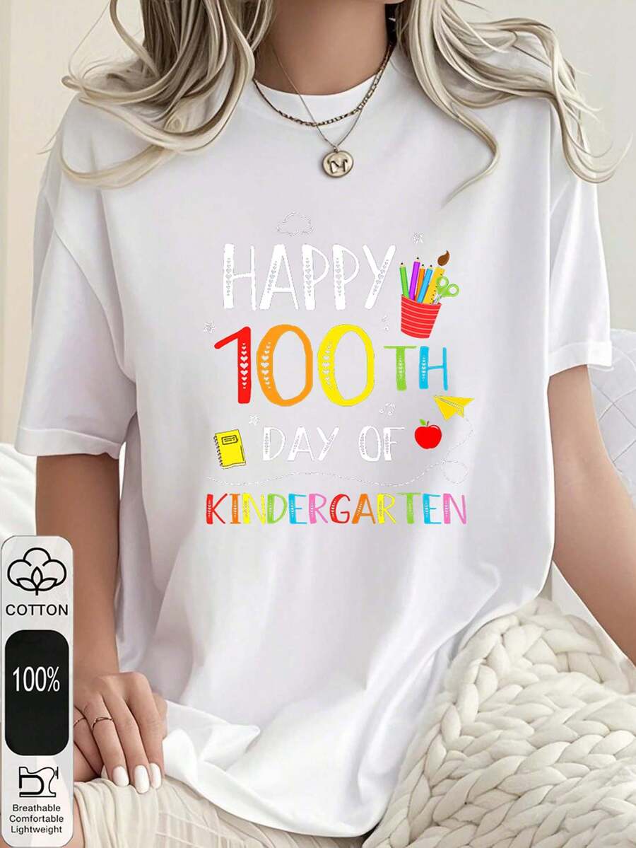 Imagen del día 100 de Jardín de Infancia camiseta 180g negro y blanco algodón T shirt,blusas para mujer,blusas elegantes dama,playeras de mujer,tops de mujer,,patrón estampado de útiles escolares,impresión de alta calidad en algodón,cuello redondo,ajuste básico holgado,hombres y mujeres,transpirable,versátil,lavable a máquina,cómoda,talla S ~ 3XL,diario,casual,deportes,imprescindible para el verano - Blanco - Ver 1
