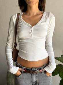 Womens Slim Fit Henley Shirts Long Sleeve V Neck Button Down Casual Tops - 白色 - 查看 1