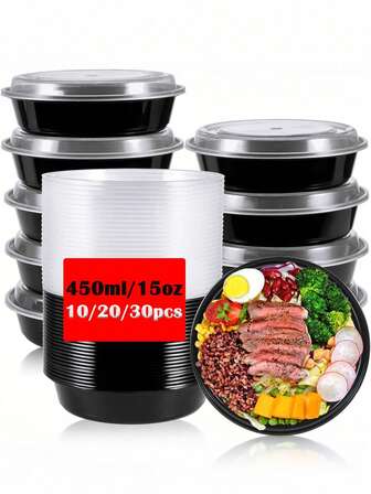 10/20/30 Piece Set Of Circular Disposable Lunch Boxes, 450ml/15 Ounces, Bento Box For Commercial Takeout, Thick Plastic Lunch Box With Lid, Meal Preparation Container - Reusable Plastic Food Storage Container Without Bisphenol A, Fruit, Vegetable, Salad, Fried Chicken Burger, Lunch Bento Box