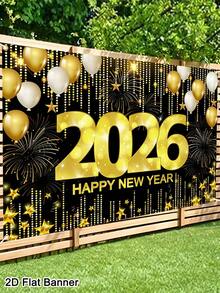 120x80cm 2026 新年快乐背景，闪光黑金气球设计，涤纶面料新年标志海报横幅，新年照片展台背景派对装饰，新年派对用品，2026 新年装饰 - 彩色 - 查看 2