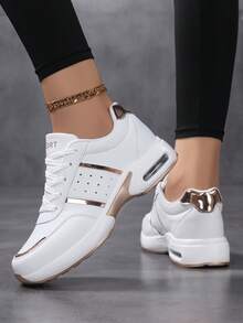 Zapatos casuales de mujer con amortiguación de aire, de piel de PU ligera, para primavera/otoño, en talla grande. Zapatillas de mujer con parches dorados - platino - Ver 4