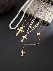 4pcs Punk Minimalist Cross Necklaces, Men's Vintage Faux Pearl Layered Y-Necklace, Suitable For Daily Wear And Parties - 4-piece Set - View 4