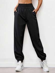 SHEIN Sports 女款弹力腰斜口袋运动裤，黑色 - 黑色 - 查看 1