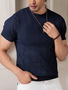 Men's Casual Crew Neck Solid Color Short Sleeve Knit T-Shirt - Navy Blue - View 4